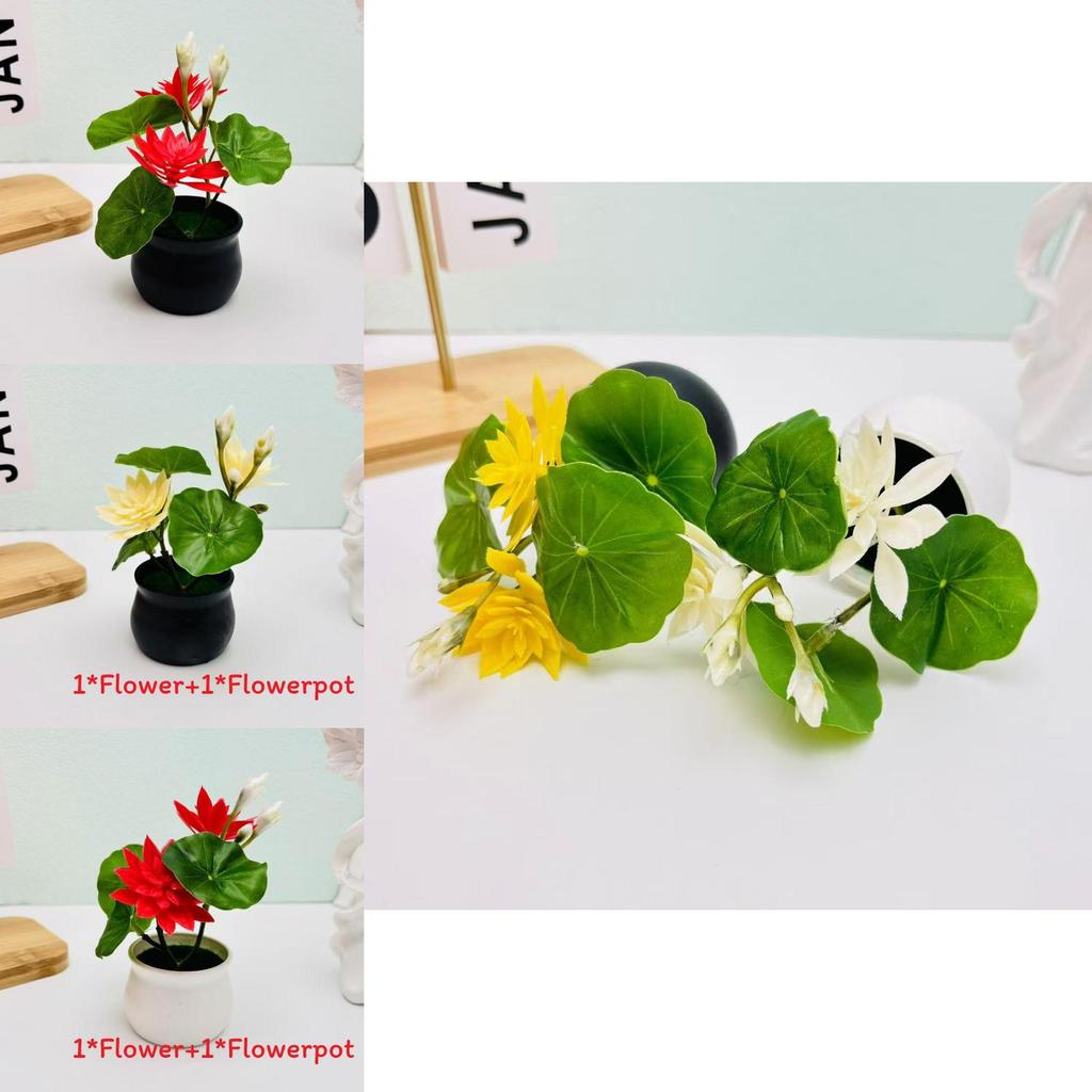 Faux Green Lotus Potted Plant With Durable Plastic And Silk Fabric For Indoor Garden