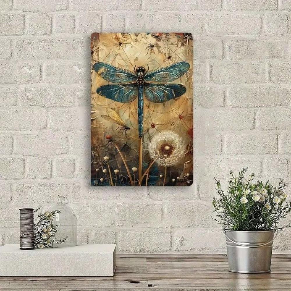 Metal Poster One Piece Premium Wall Art, Vintage Dragonfly Dandelion Decor for Living Room Bar Gift