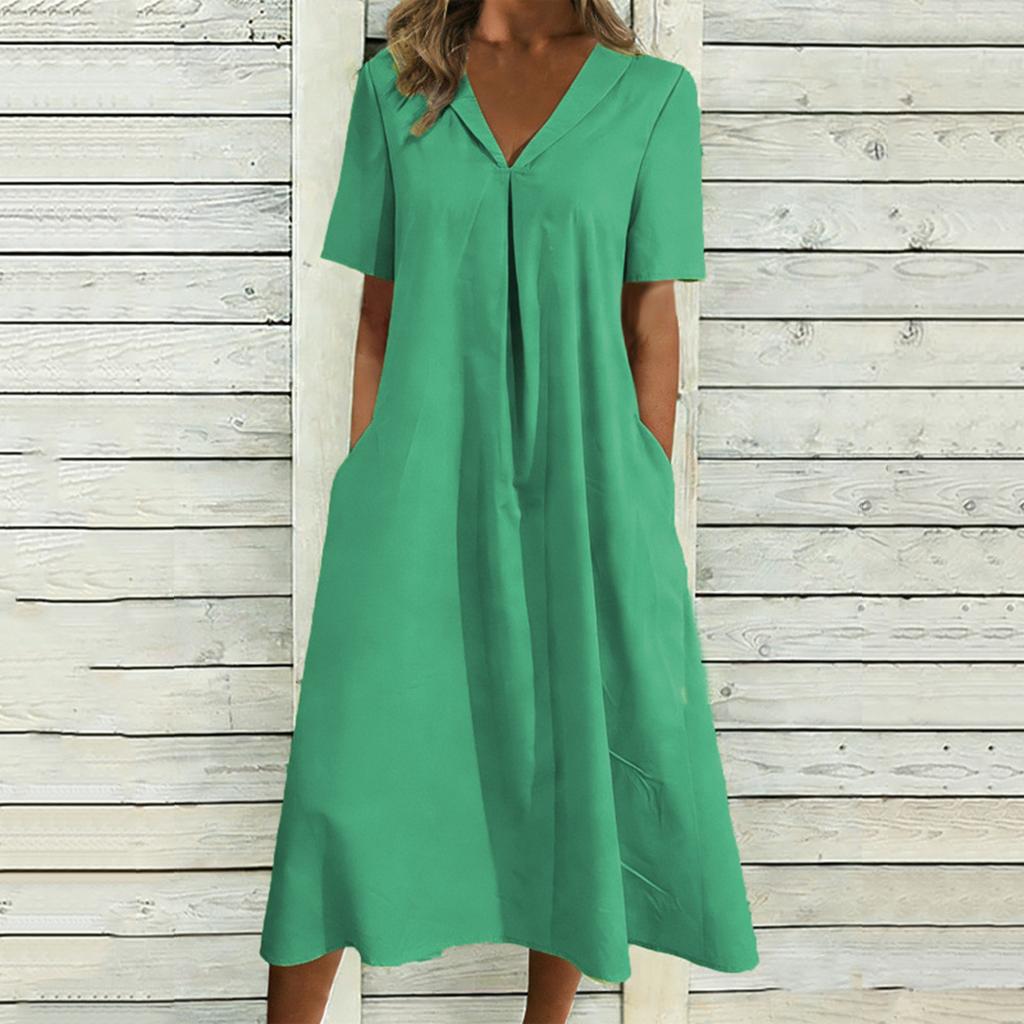 Women's Summer Fashion Casual Cotton-Linen Blend V-Neck Pocket Short-Sleeve Dress