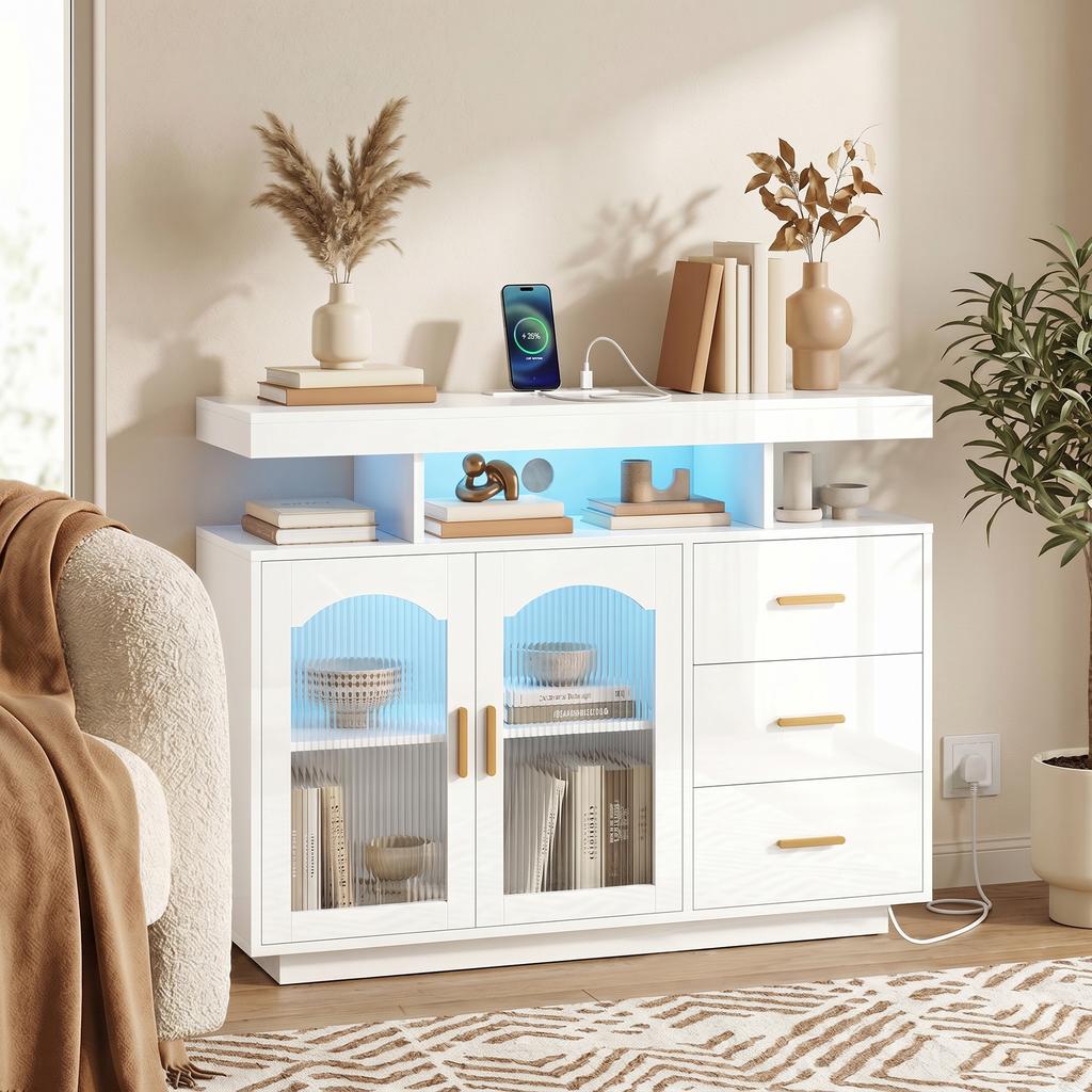 High Gloss Sideboard with LED Lights, Built-in Power Outlets, 3 Drawers, Shelves and 2 Acrylic Doors, White