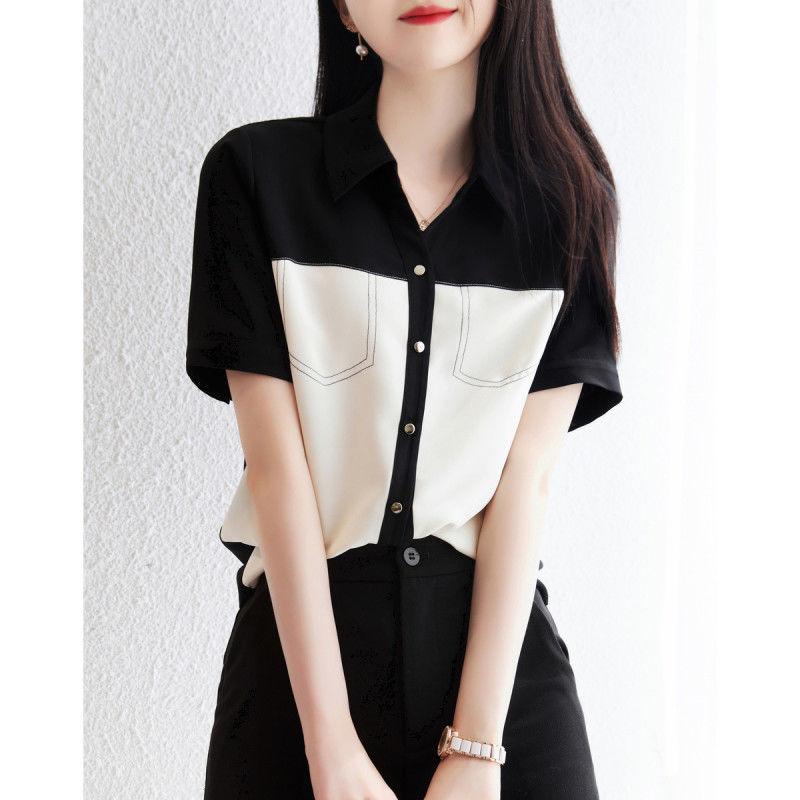 

Женские винтажные лоскутные контрастные цвета, элегантные рубашки на пуговицах, летние шикарные блузки в корейском стиле, повседневные тонкие топы с короткими рукавами, Ropa 2XL чёрный