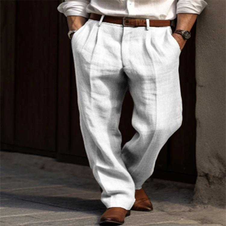 Men Solid Linen Straight Leg Pants, Soft Breathable Cotton Linen Blend Casual Trousers for Daily Vacation