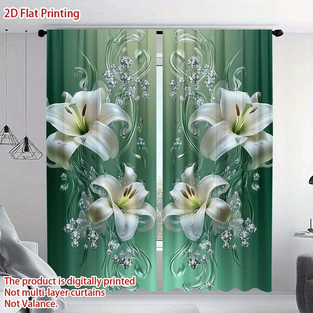 

2Pcs Everyday Elegant Jade Lily Print Curtains With Rod Pocket – For Bedroom, Kitchen, Office & Living Room 53x116cm(2pcs)