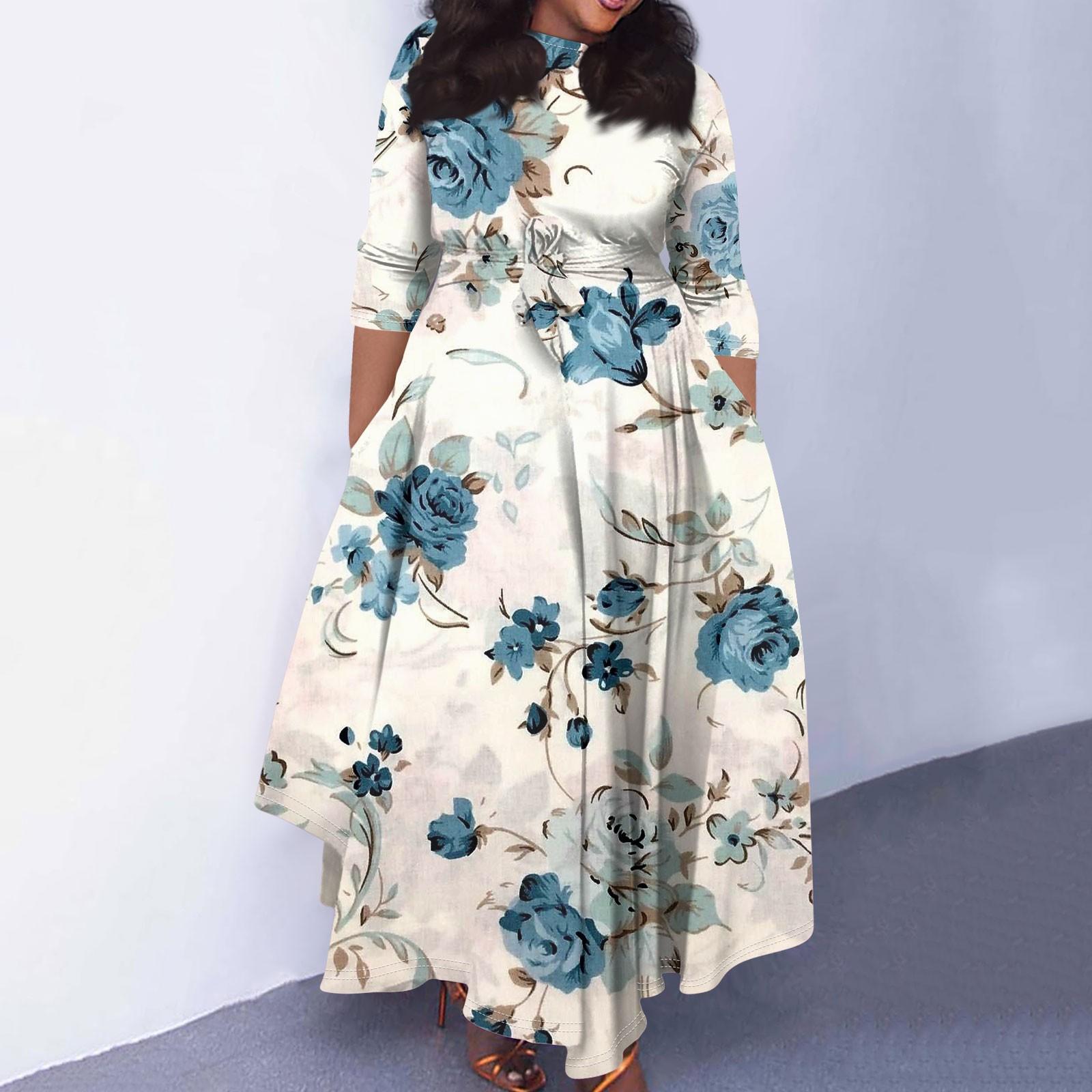 

Женское повседневное модное свободное платье большого размера с цветочным принтом и круглым вырезом, рукавами три четверти, карманами и бретелями XXXXXL