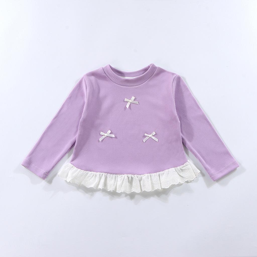 Girls Spring Base Layer Versatile Long-Sleeve Lace Round-Neck Top with Bow Korean-Style Outerwear for Girls
