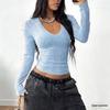 Spicy Girl Women's V-Neck Ribbed Knit Top – Slimming Long Sleeve Stretchy T-shirt for Autumn/Winter Comfort.