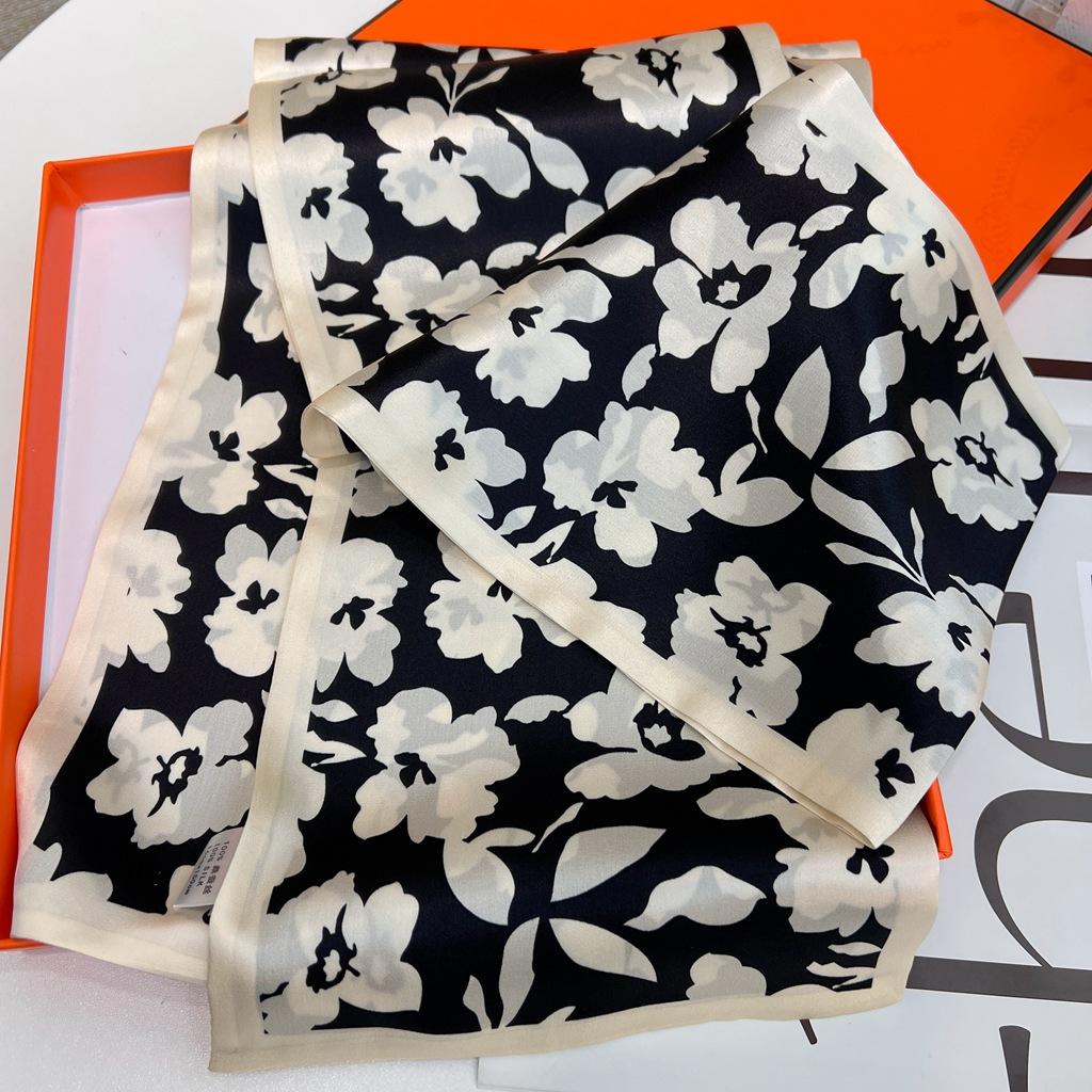 ! Black And White Small Floral Double-Sided Silk Scarf, Spring And Autumn Double-Layer Scarf, Mulberry Silk Scarf, Long Streamer