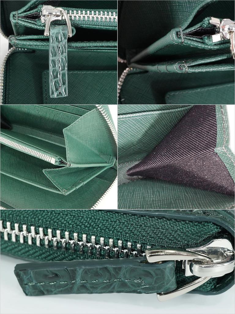 Green crocodile long wallet for men and women, made from a single piece of genuine crocodile leather. Features a round zipper closure, coin purse,