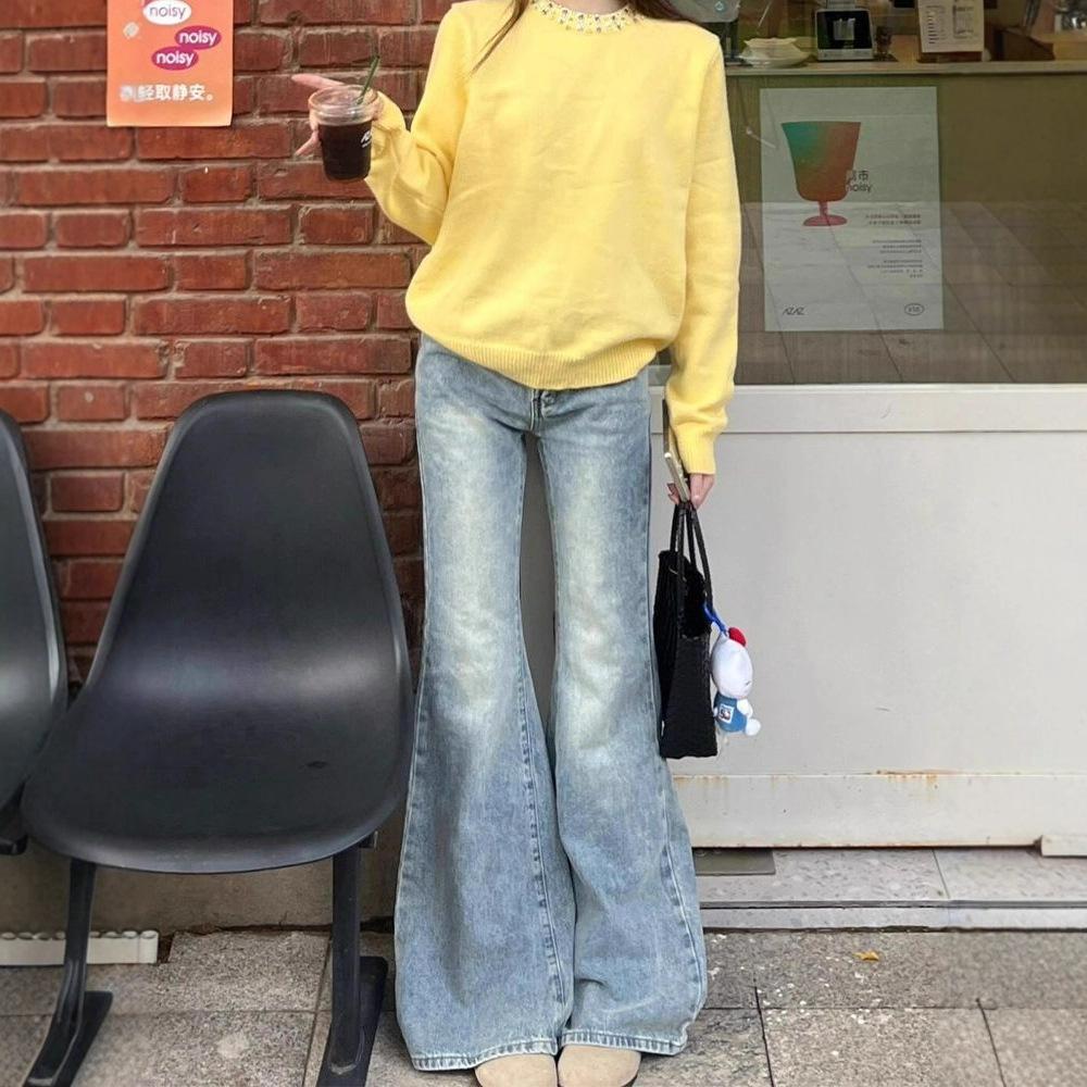 Retro Micro Flare Jeans Female Spring and Autumn Big Yards Loose Straight Narrow Version of The Wide-legged Flare Long Trousers Long Denim Pants