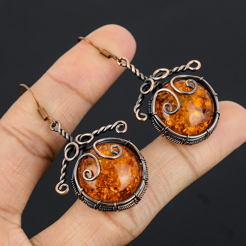 Baltic Amber Earrings, 999 Copper Wire Wrapped Gemstone Jewelry, Handmade Earrings For Mother Day
