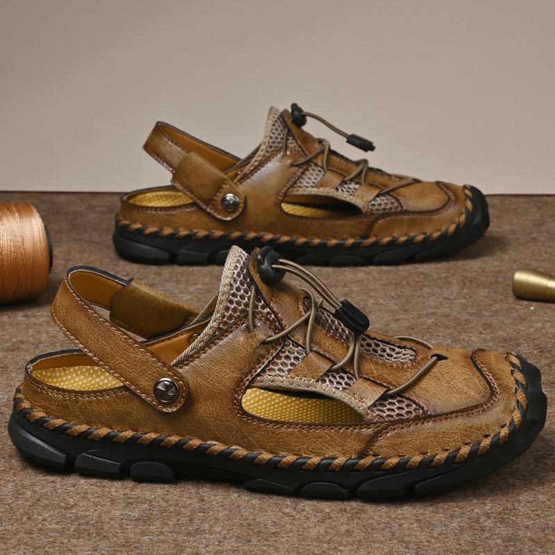

Мужские походные сандалии ручной работы, летние бежевые римские сандалии, ретро, широкий закрытый носок, серые пляжные туфли для воды, большие размеры EU:48 хаки