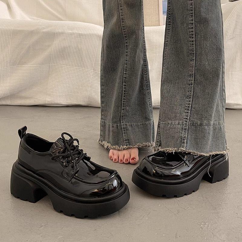 2025 spring and summer new thick-soled versatile lace-up small leather shoes women's fashion retro British small leather shoes single shoes women