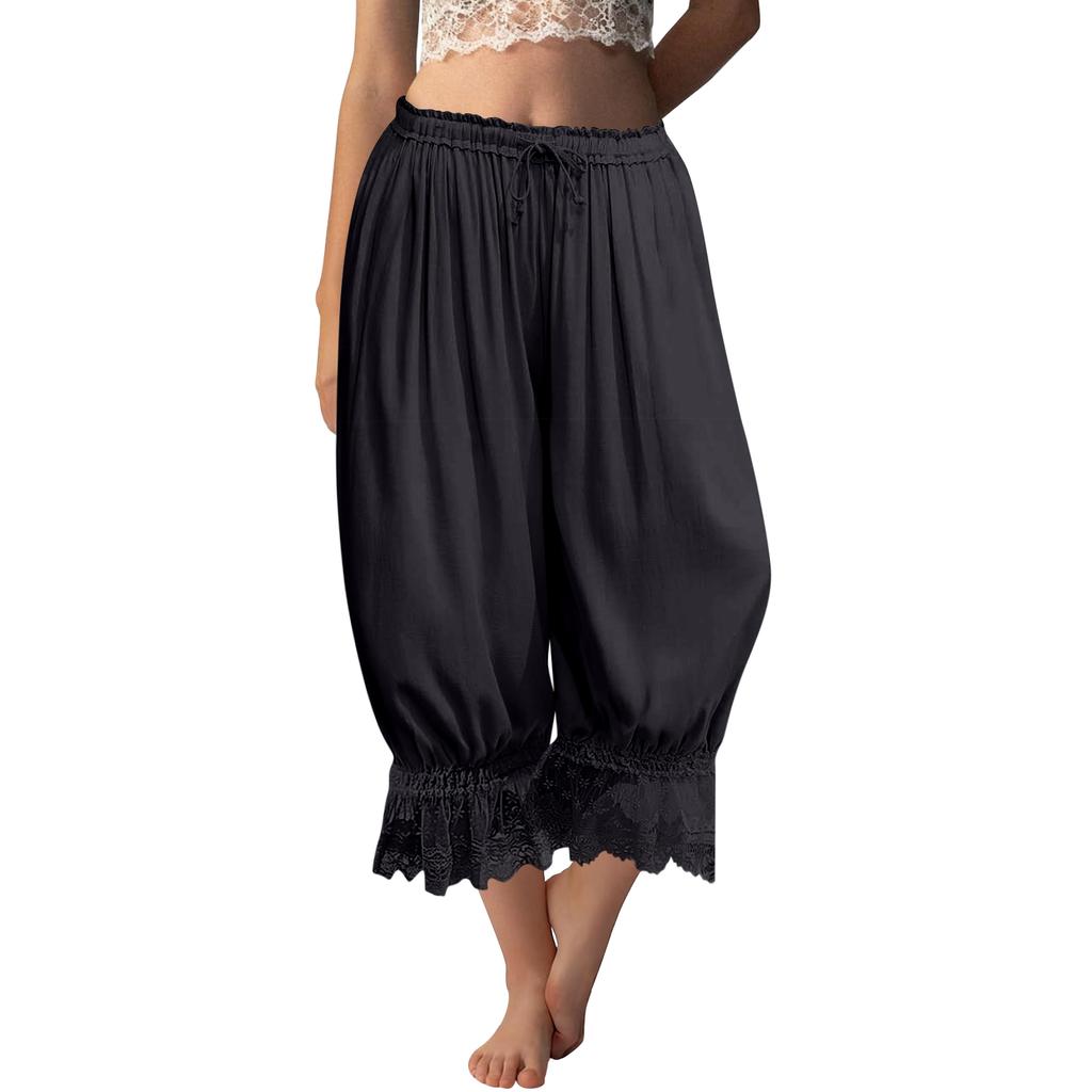 Damen Spitzenbesetzte Lange Rüschen Vintage Weitbein Hose Sommer Strand Reise Urlaubshose