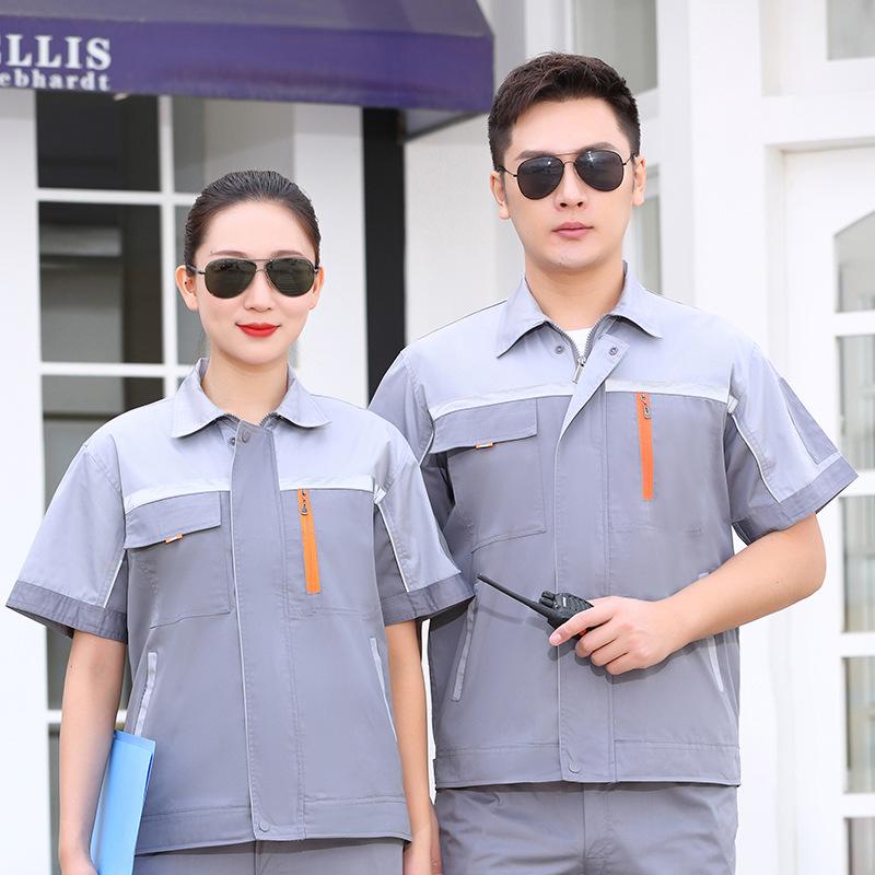 Summer Workwear Set: Lightweight Breathable Top & Embroidered Engineering Overalls for Auto Repair.