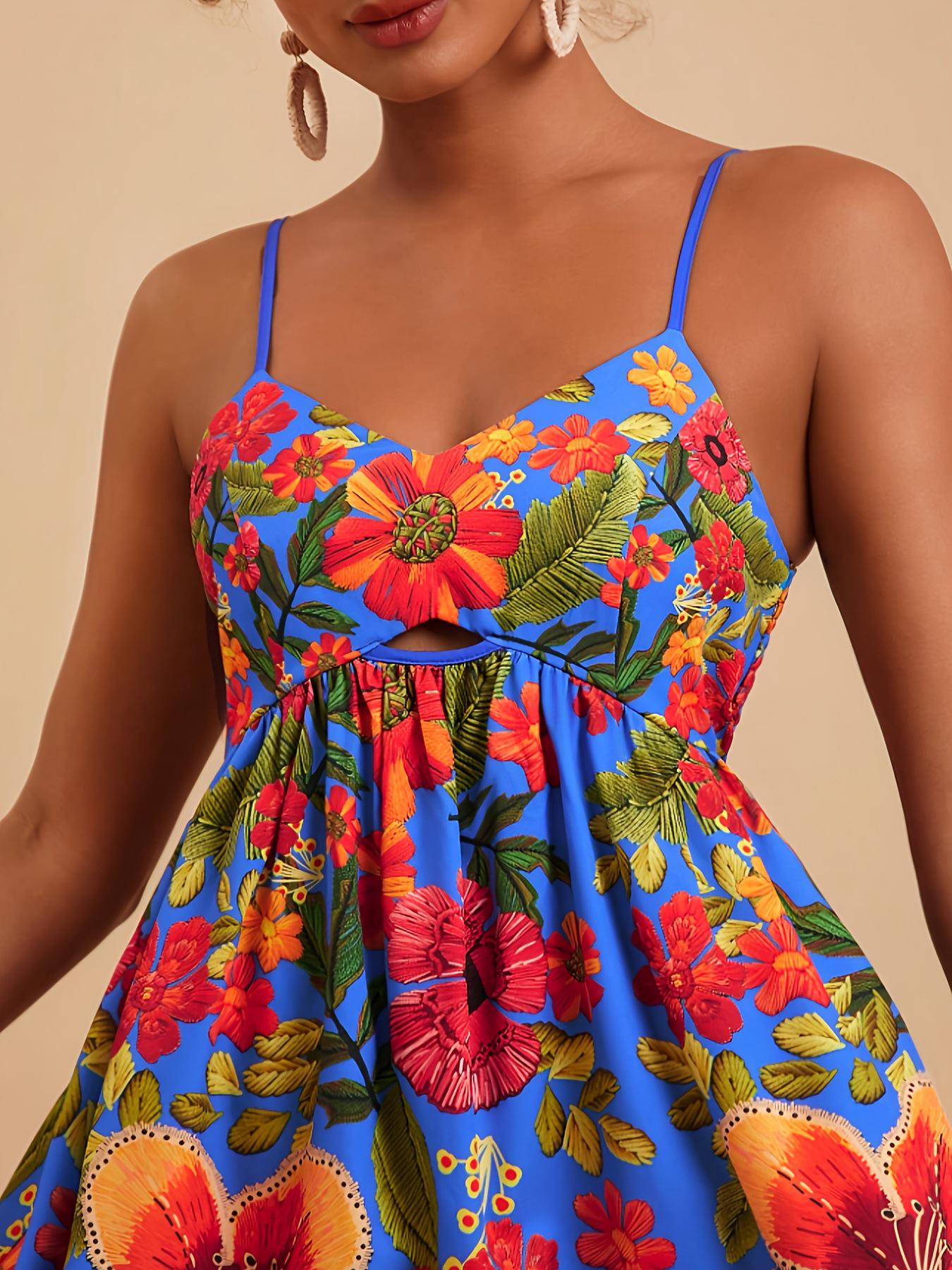 

2025 High Waist Floral Print Strappy Sleeveless Swing Dress for Women Extra Large