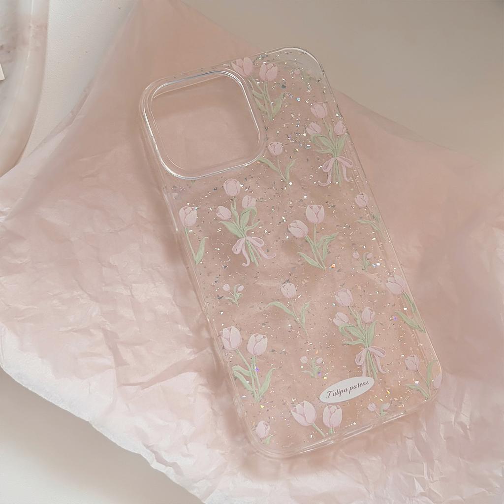 Spring Tulips Suitable for Apple 17promax Mobile Phone Case 16 Pink Beautiful Iphone14 Flash Powder 11 Anti fall