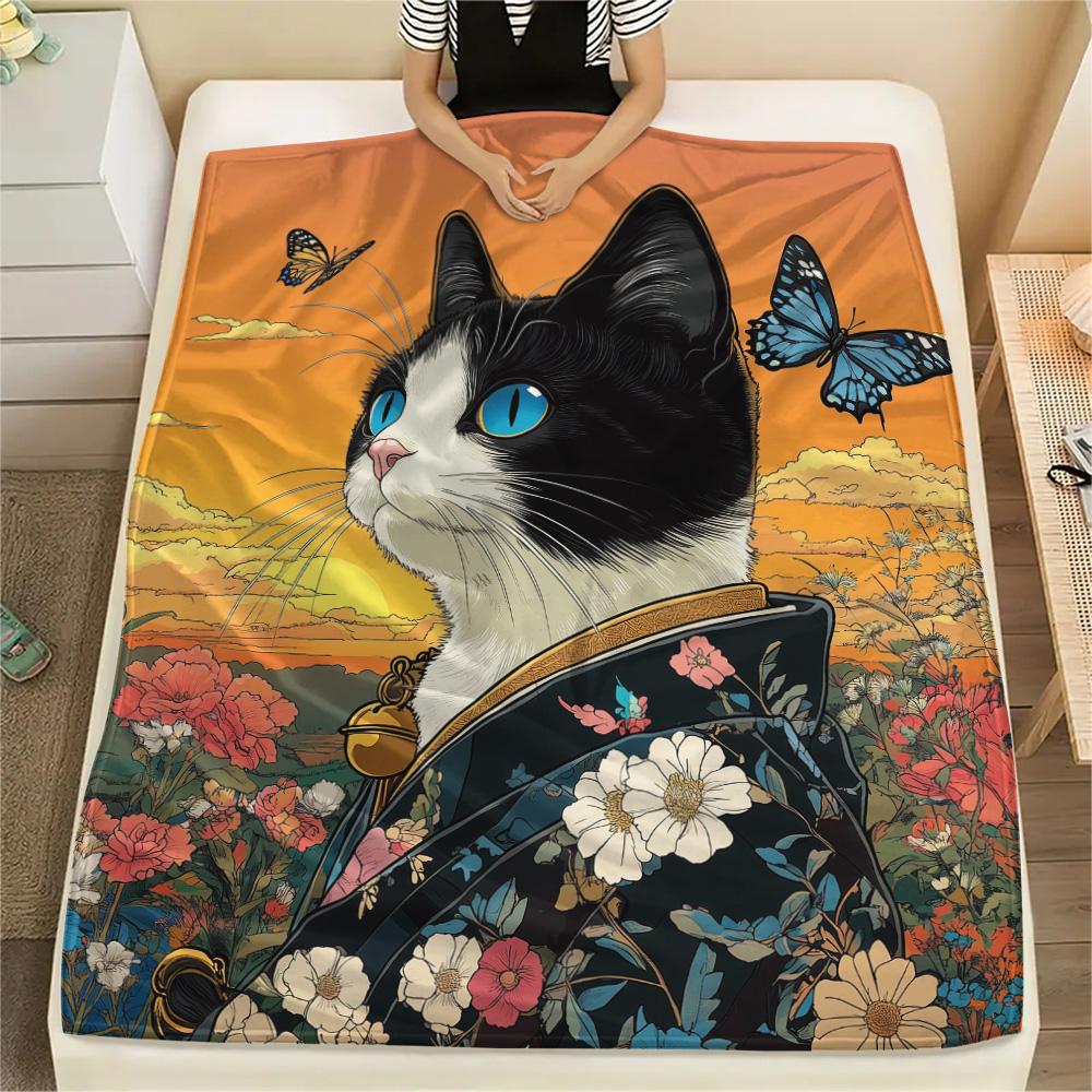 Cats Print Flannel Blanket, High Quality Comfortable for All Seasons, Home Decor, Warmth and Comfort