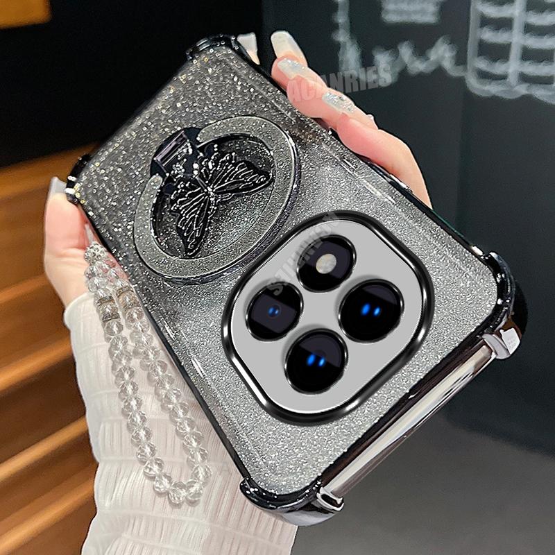 Note14pro Schmetterlingshalter Lanyard Kette Hülle Für Xiaomi Redmi Note 14 Pro Plus Galvanisiert Stoßfest Silikon Ständer Hülle Poco X7