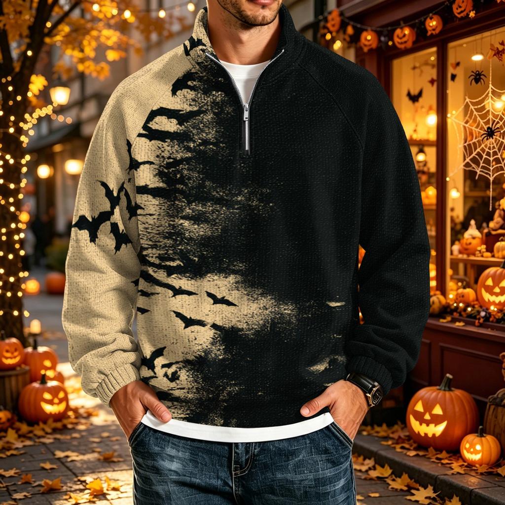 Men's Loose Fit Raglan Sleeve Sweatshirt with Stand Collar and Halloween Print for Parties and Daily Wear