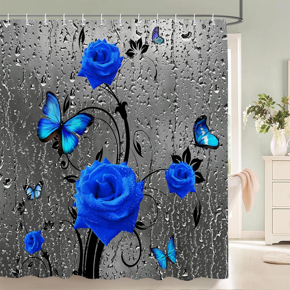 180*180cm Blue Rose Flowers Fabric Shower Curtains Bath Mat Rugs Beautiful Butterfly Flower Bathroom Curtain Set Home Decoration