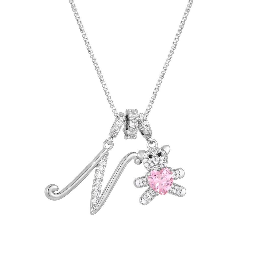 Luxurious Teddy Bear Pendant Necklace with Diamond Inlaid 26 English Letters Charm - European and American Fashion Style