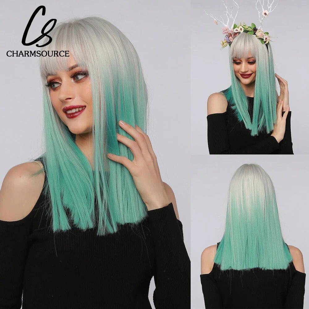 Short Straight Bob Synthetic Wigs with Bangs for Women Brown To Blonde Wig Cosplay Party Daily Heat Resistant Fiber Hair