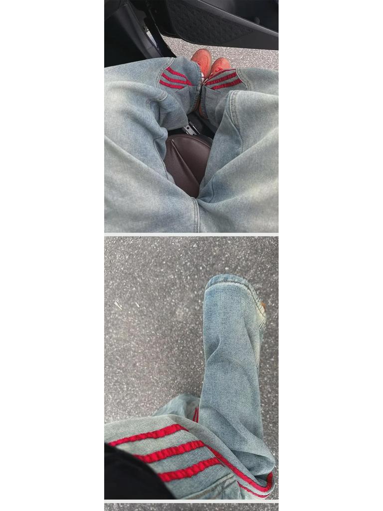 Unisex Striped Distressed Jeans - 2024 Spring Collection: Loose Wide-Leg Fit (Men & Women)