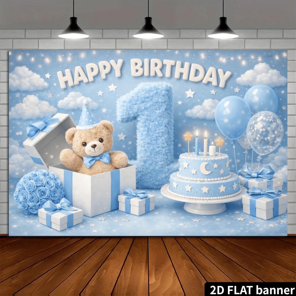 2D Plane Blue Sky White Clouds Little Bear 1st Birthday Background Cloth Birthday Celebration Background