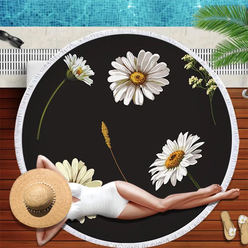 Serviette de plage Marguerites Pompons Ronde Séchage Rapide Extérieur Été Couverture de Mer Tournesol Plante Kawaii Tapis de Plage Tapis de Yoga Pique-nique