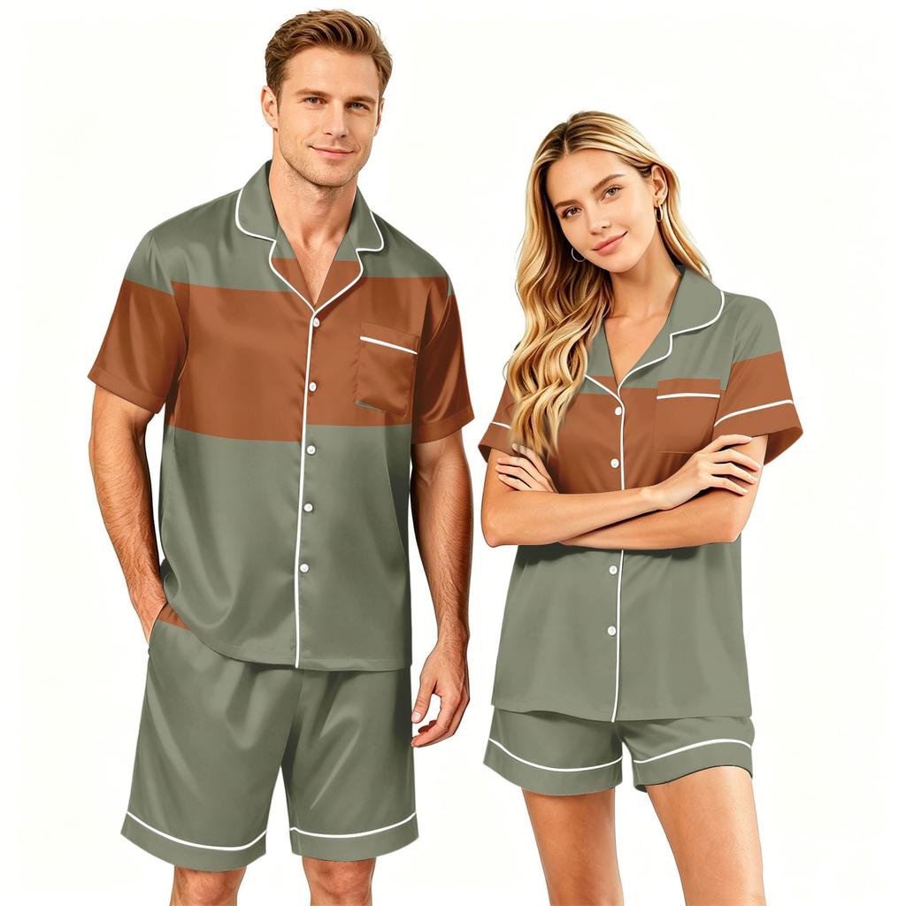 Couple Matching Pajama Set Short Sleeve Button Down Shirt with Hem and Shorts Set Soft Casual Sleepwear Available In Sizes S To XXXXL