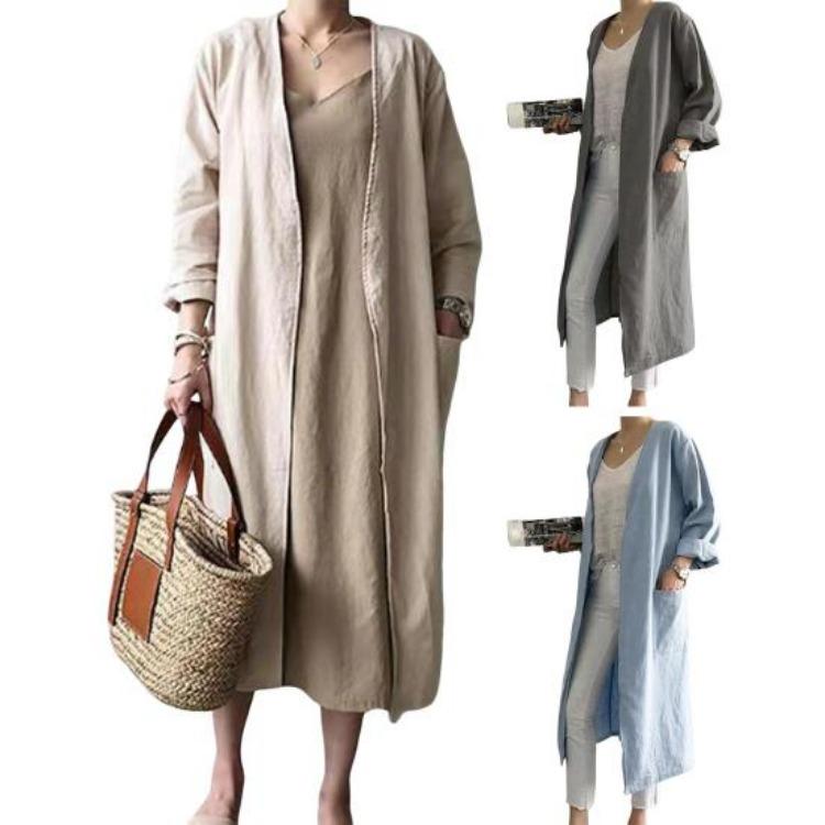 Summer Women's Long Trench Coat Cotton V-Neck Cardigan Sun Protection Long Sleeve Jacket Causal Outwear Robe