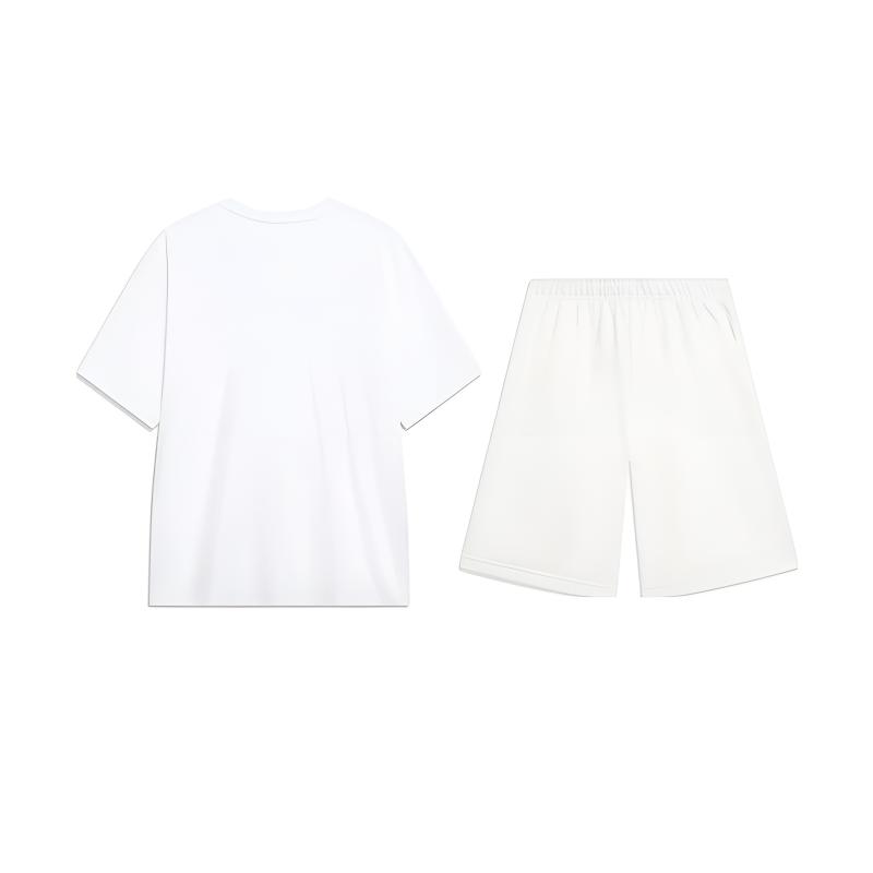 Li Ning Big Logo Letter Print American Retro Fashion Round Neck Pullover Short Sleeve T-Shirt Casual Sports Set Unisex Tops White AHSU803-1+AKST593-7