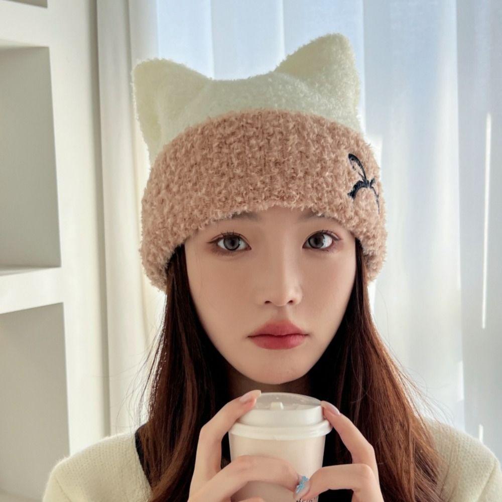 Bow Knitted Beanie Hat Keep Warm Winter Knitted Hat Fashion Cat Ears Hat  Streetwear