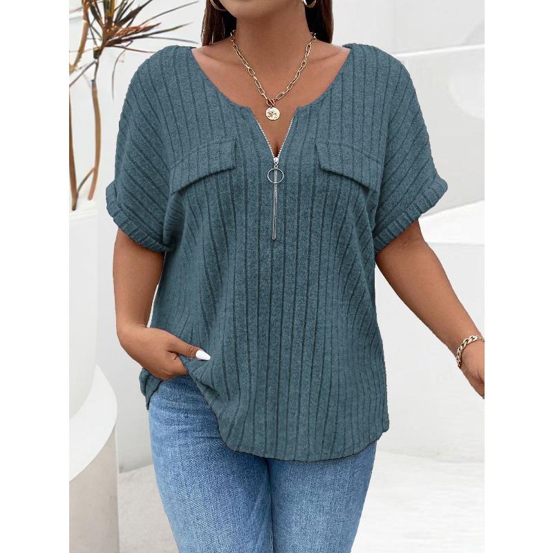 QICED Women's Fashion Casual Solid Color Print Short Sleeve V Neck Blouses & Shirts