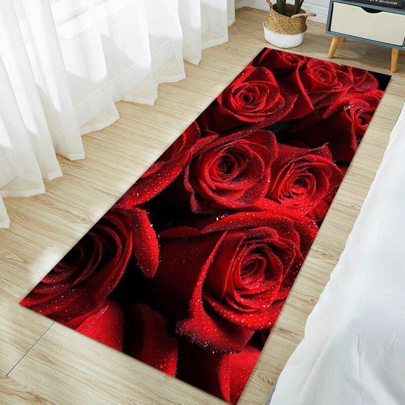 Non Slip Living Room Decorative Mat Rose Flower Washable Hallway Entry Area Rug for Bedroom Fluffy Carpet