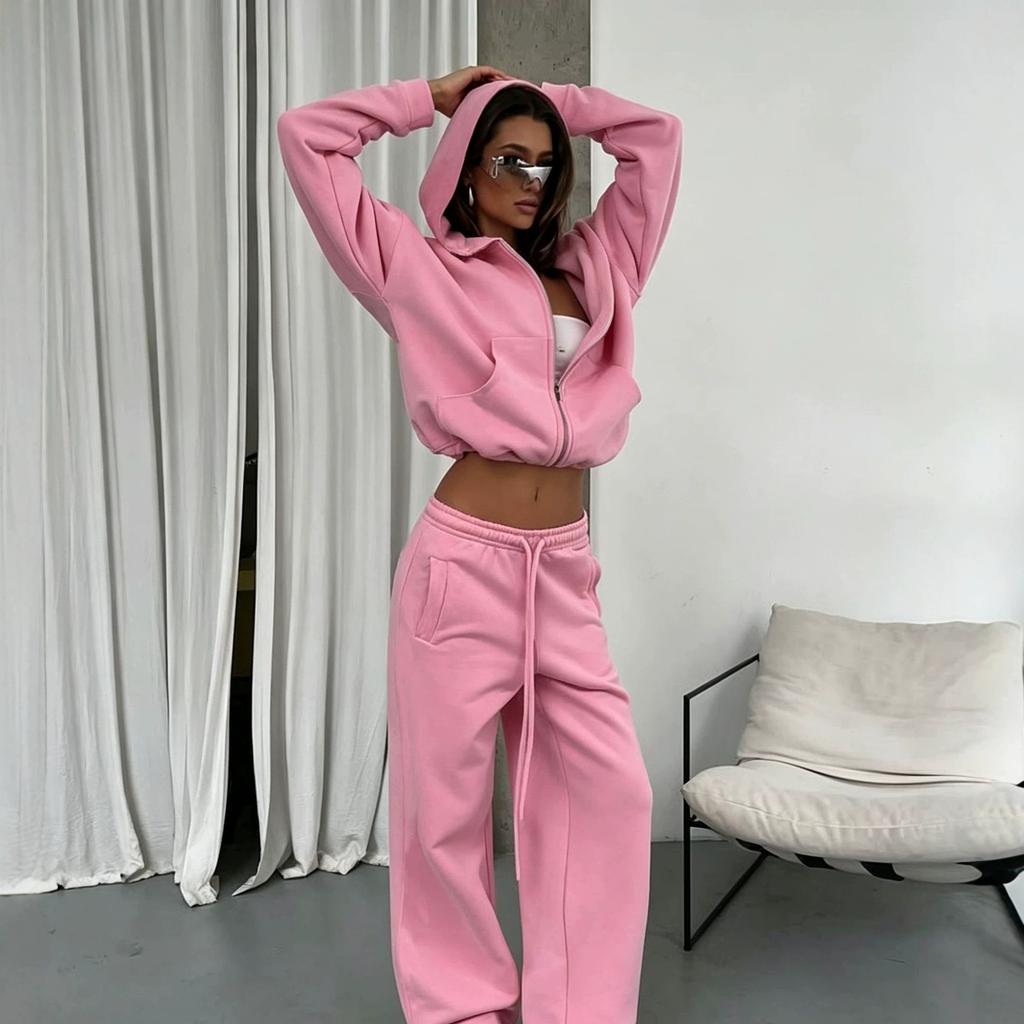 Women's new zipper hooded sports cardigan lace-up trousers two-piece casual suit