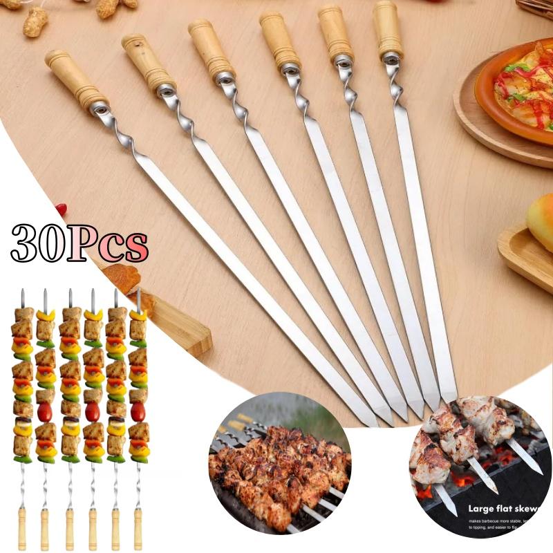 30PCS Barbecue Flat Stick Steel Brazier Wooden Handle Big Flat Stick Outdoor Barbecue Tools Stainless Steel Barbecue Stick