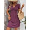 Women's Dress Solid Color V-neck Spring/summer Short Sleeve Breathable Fiber Ladies Casual Noble Slim New Knee-le