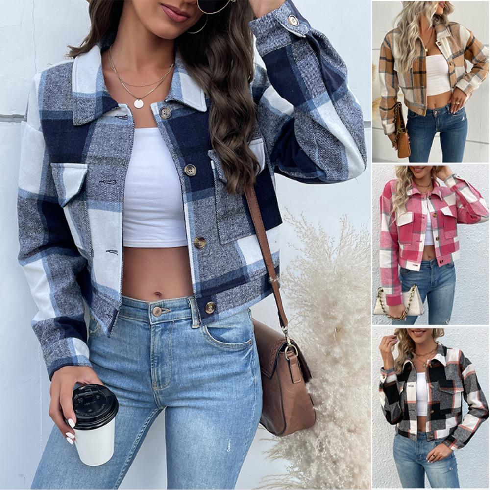 Women's Point Collar Long Sleeve Shacket Loose Fit Retro Fashion Plaid Jacket