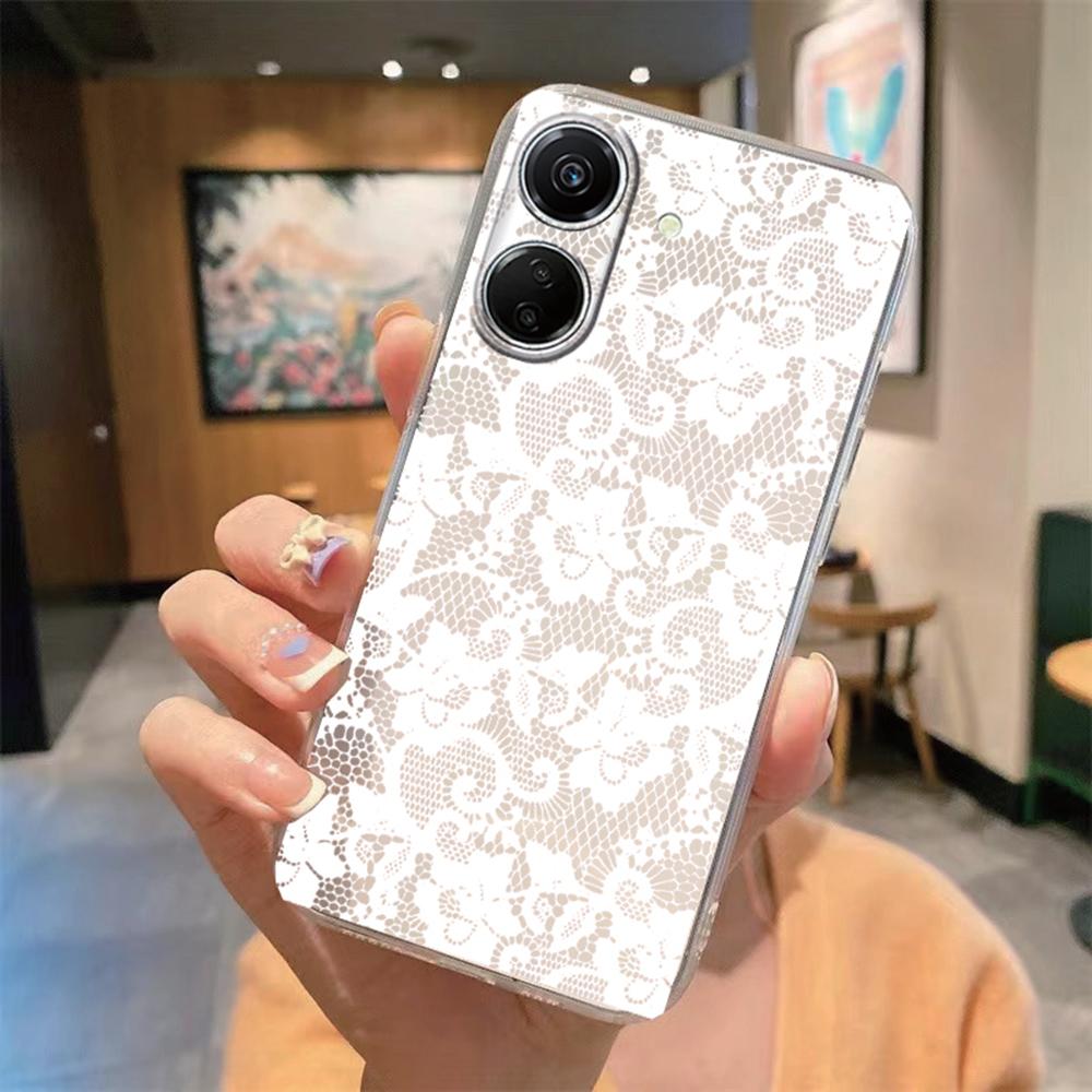 Romantic White Lace Phone Case For Xiaomi Redmi 13C 13 Note 13 12 11 10 8 Pro 10 9C 9A 10C 12C Flower Clear Transparent Cover