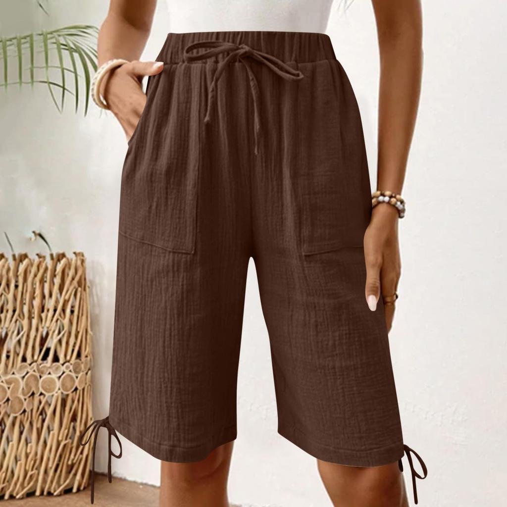 Women's Fashionable Color Elastic Waist Pocket Casual Loose Cotton And Linen Five Quarter Shorts