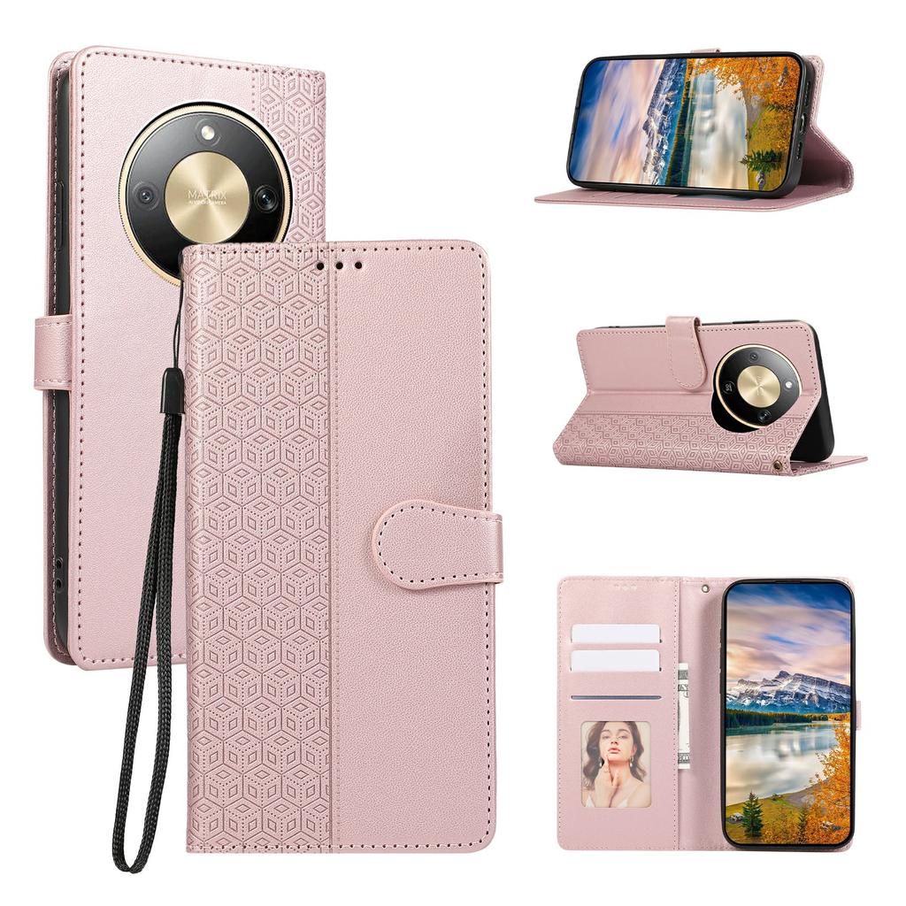 Phone Case For Honor Magic8 Lite 5G / X9d 5G / X70 5G Splicing Imprinted Rhombus Leather Cover with Wrist Strap