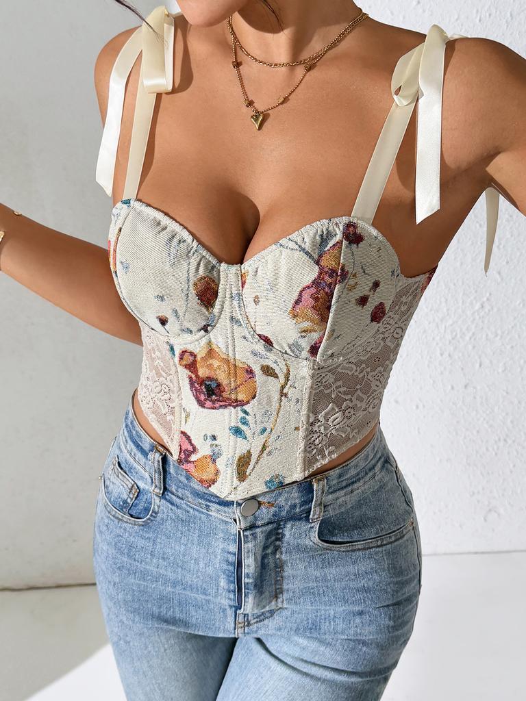 Glory Sexy fishbone corset French floral vintage new style printed color-blocking slim-fit strap ca