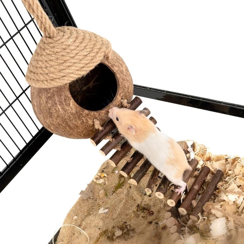 Coconut Birdhouse Hut With Ladder Hemp Rope Roof Natural Material Firm Stable Small Animal Cage Habitat Decoration Pet Supplies
