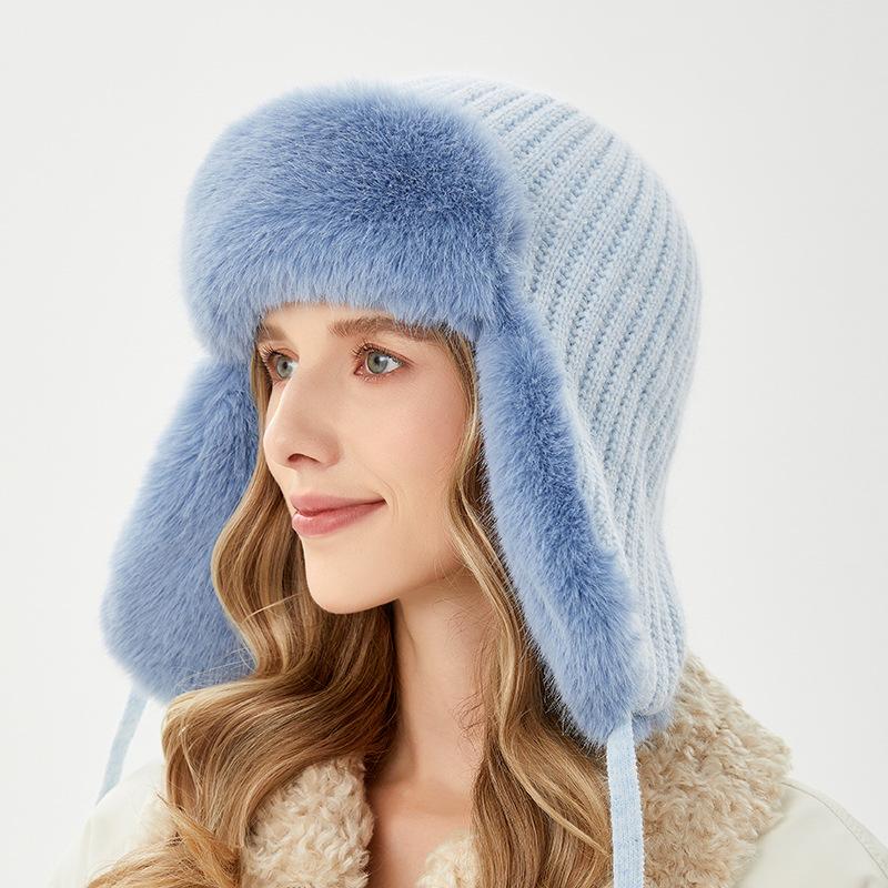 Lei Feng Hat Winter Women's Outdoor Riding Warm Hat Windproof and Cold Rabbit Fur Ear Hat