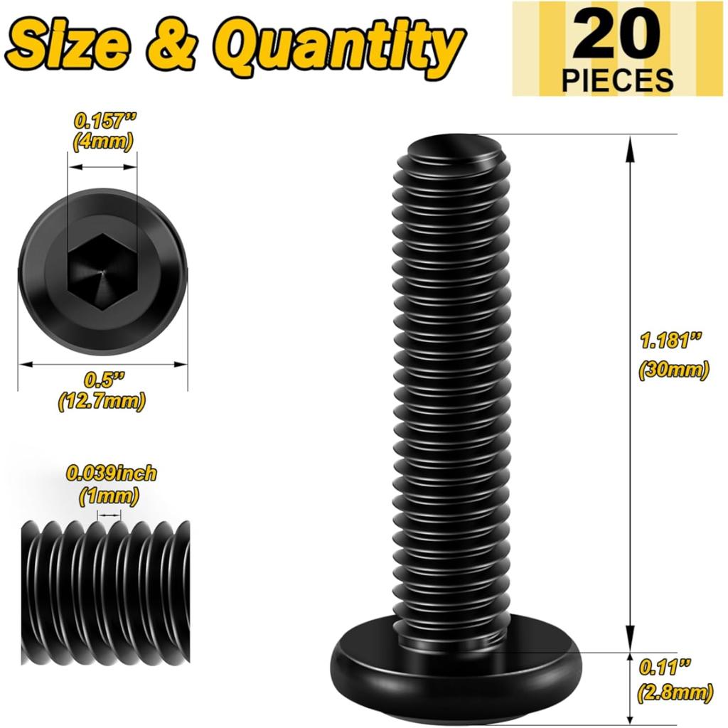 20 buc șuruburi cu cap plat cu cap hexagonal, șuruburi pentru mobilier din oțel inoxidabil 304 cu filet complet, oxid negru și cheie hexagonală