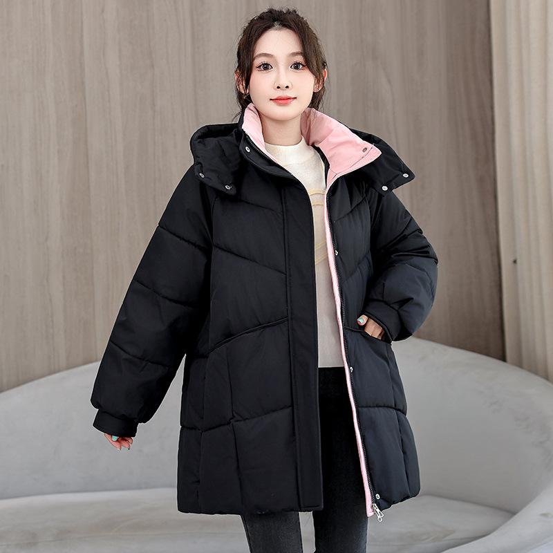 

2025 new hooded down cotton-padded clothing women s autumn and winter thickened warm bread clothing medium and long cotton-padded jacket winter jacket M чорний