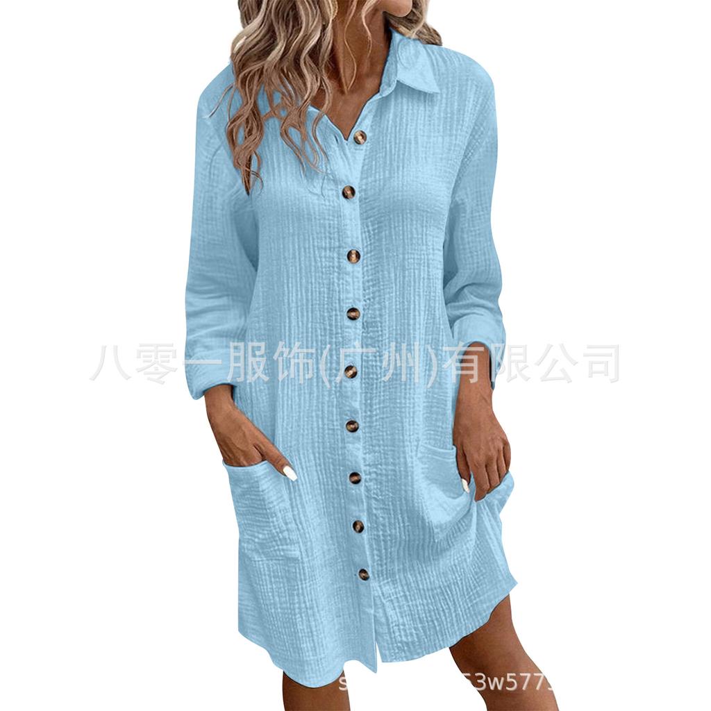 Women's Lapel Long Sleeve Shirt Dress Solid Color Linen Cotton Single Breasted Midi Casual Dress With Pockets