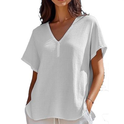 Spring and Summer New V-neck Short Sleeved Loose Solid Color Top Shirt Women’s Blouses & Shirts