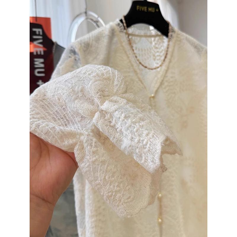 Korean V-Neck Lace Long-Sleeve Shirt - Light Luxury Spring Outerwear Top, Elegant and Unique Base Layer.